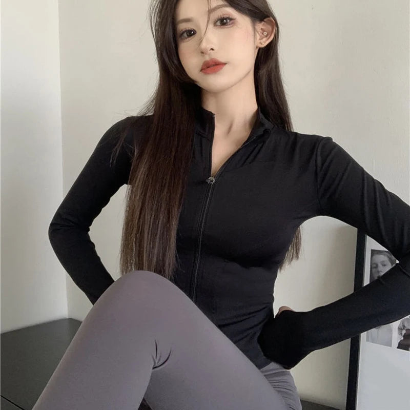 Rimocy Spring Summer Slim Fit Crop Tops Women Korean Wild Sports Fitness Long Sleeve Coat Woman Y2K Streetwear Zipper Up T Shirt