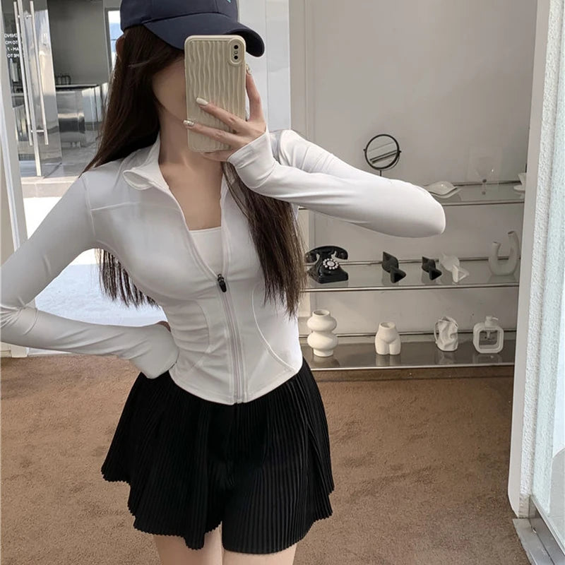 Rimocy Spring Summer Slim Fit Crop Tops Women Korean Wild Sports Fitness Long Sleeve Coat Woman Y2K Streetwear Zipper Up T Shirt