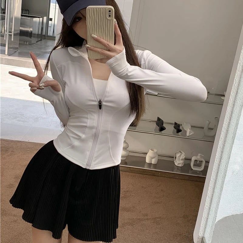 Rimocy Spring Summer Slim Fit Crop Tops Women Korean Wild Sports Fitness Long Sleeve Coat Woman Y2K Streetwear Zipper Up T Shirt