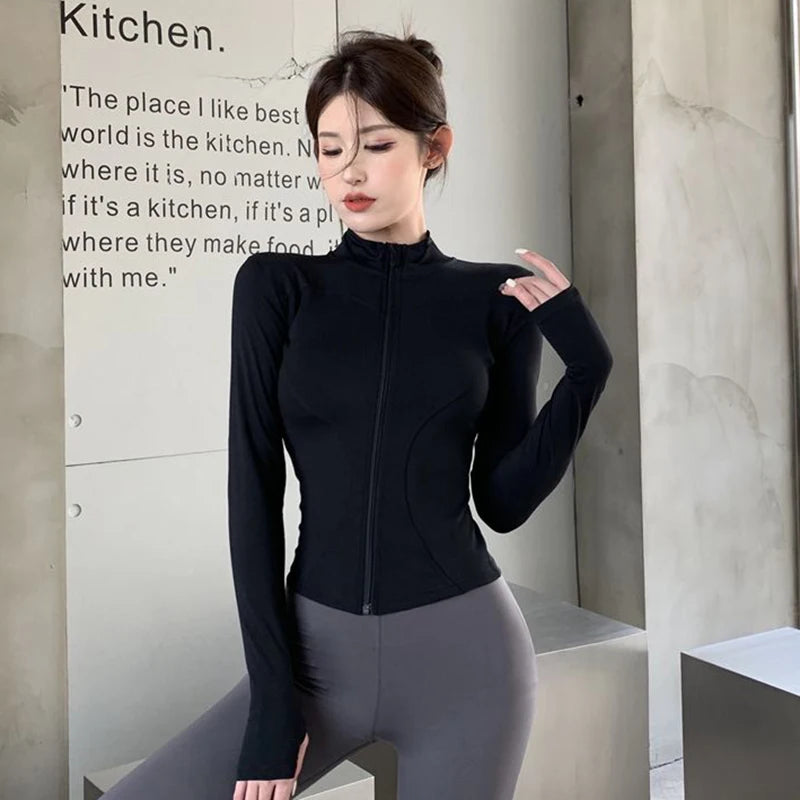 Rimocy Spring Summer Slim Fit Crop Tops Women Korean Wild Sports Fitness Long Sleeve Coat Woman Y2K Streetwear Zipper Up T Shirt