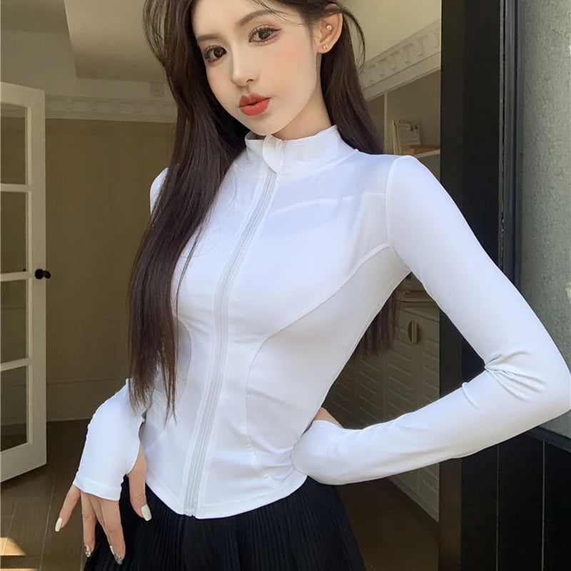 Rimocy Spring Summer Slim Fit Crop Tops Women Korean Wild Sports Fitness Long Sleeve Coat Woman Y2K Streetwear Zipper Up T Shirt