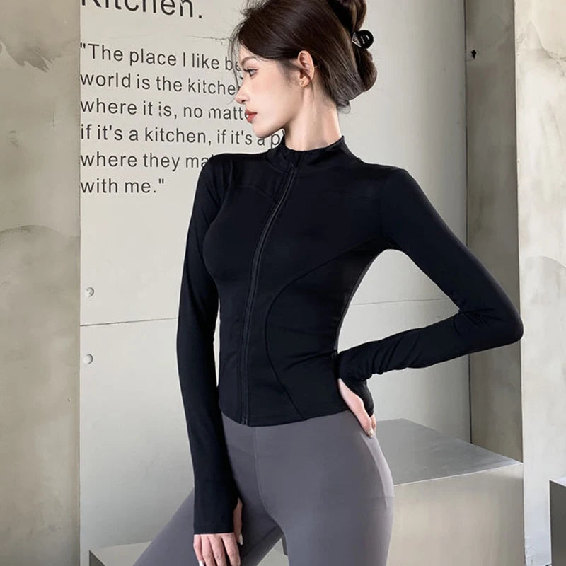 Rimocy Spring Summer Slim Fit Crop Tops Women Korean Wild Sports Fitness Long Sleeve Coat Woman Y2K Streetwear Zipper Up T Shirt
