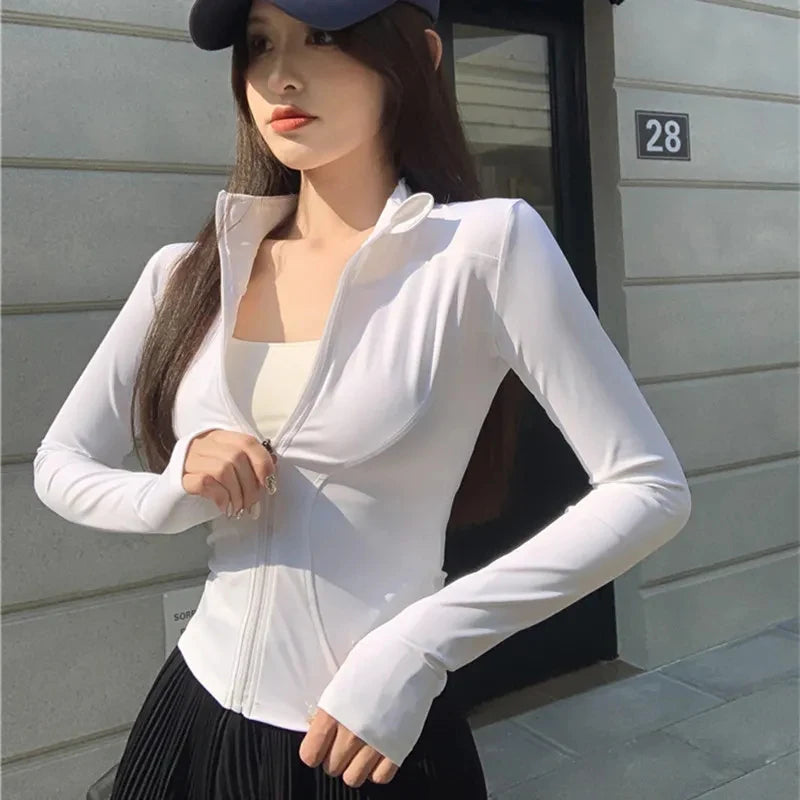 Rimocy Spring Summer Slim Fit Crop Tops Women Korean Wild Sports Fitness Long Sleeve Coat Woman Y2K Streetwear Zipper Up T Shirt