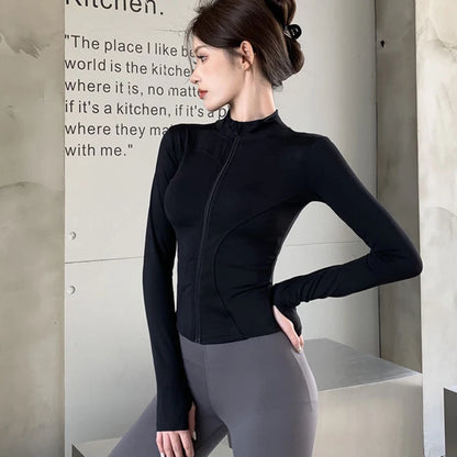 Rimocy Spring Summer Slim Fit Crop Tops Women Korean Wild Sports Fitness Long Sleeve Coat Woman Y2K Streetwear Zipper Up T Shirt